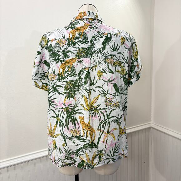 Rachel Zoe Size XL 100% Linen Top Jungle Cheetah Camp Shirt Button Up Tropical - Picture 3 of 9